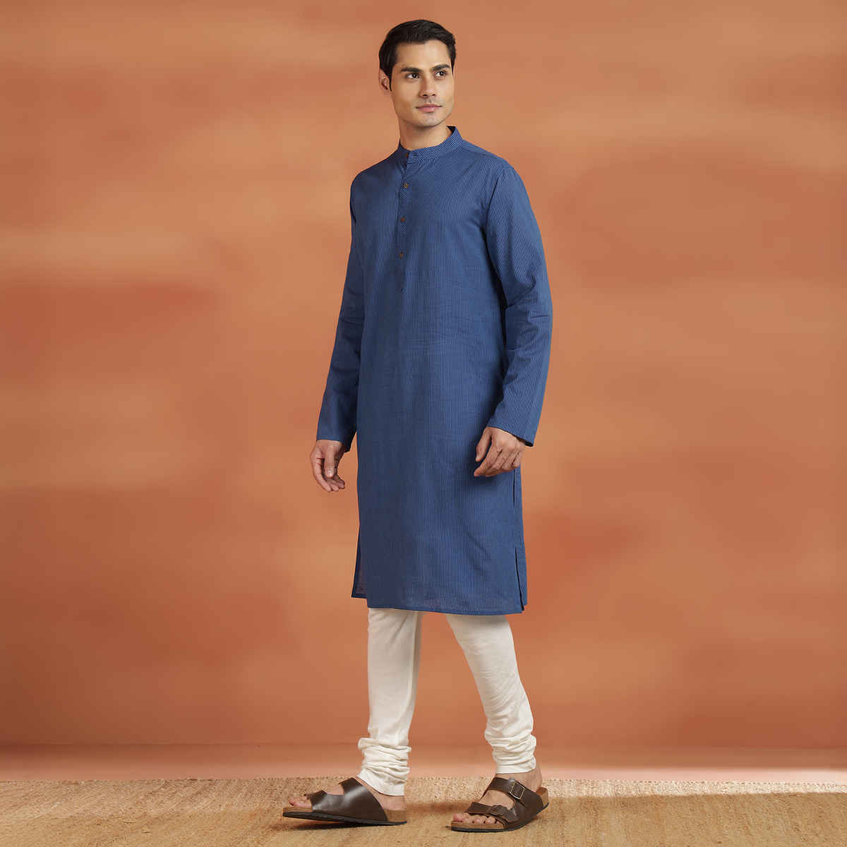 Fabindia Men's Cotton Slim Fit Long Kurta | Blue - L