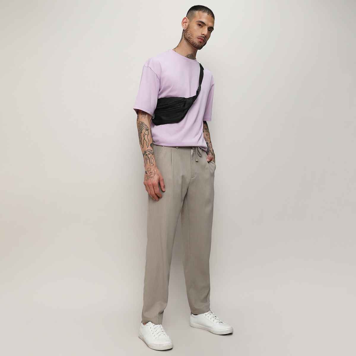 Campus Sutra Men's Tailored Linen-Blend Trousers | Beige - 34