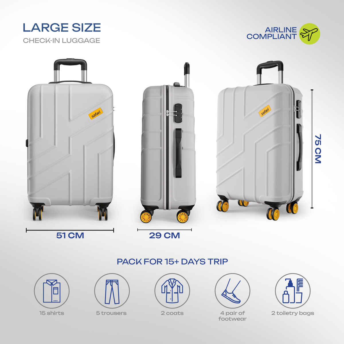 Safari Stratos Large Trolley Bag | 360 Degree 8 Wheels Hard Polycarbonate | Cloud Grey - 75 cm