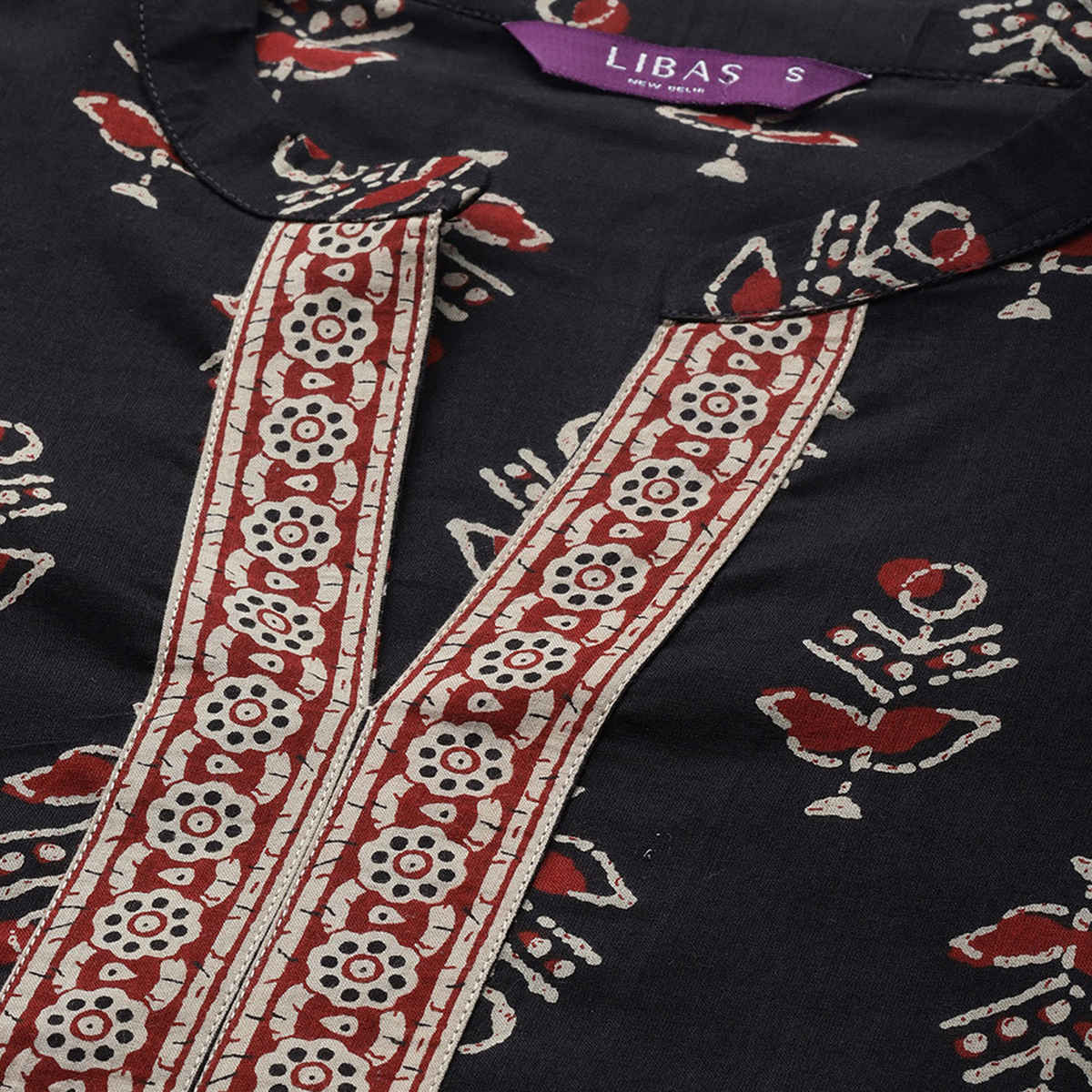 Libas Women Black Cotton Straight Kurta And Brown Cotton Palazzo With Dupatta - 20119Ol