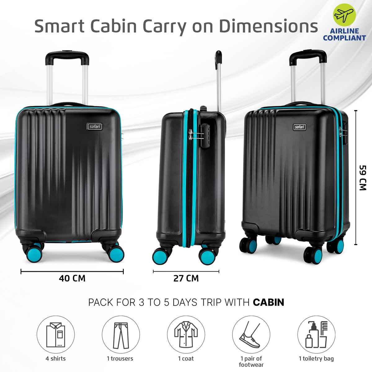 Safari Solid Polycarbonate 30 L Telescopic Cabin Trolley Bag | Black - 59 cm