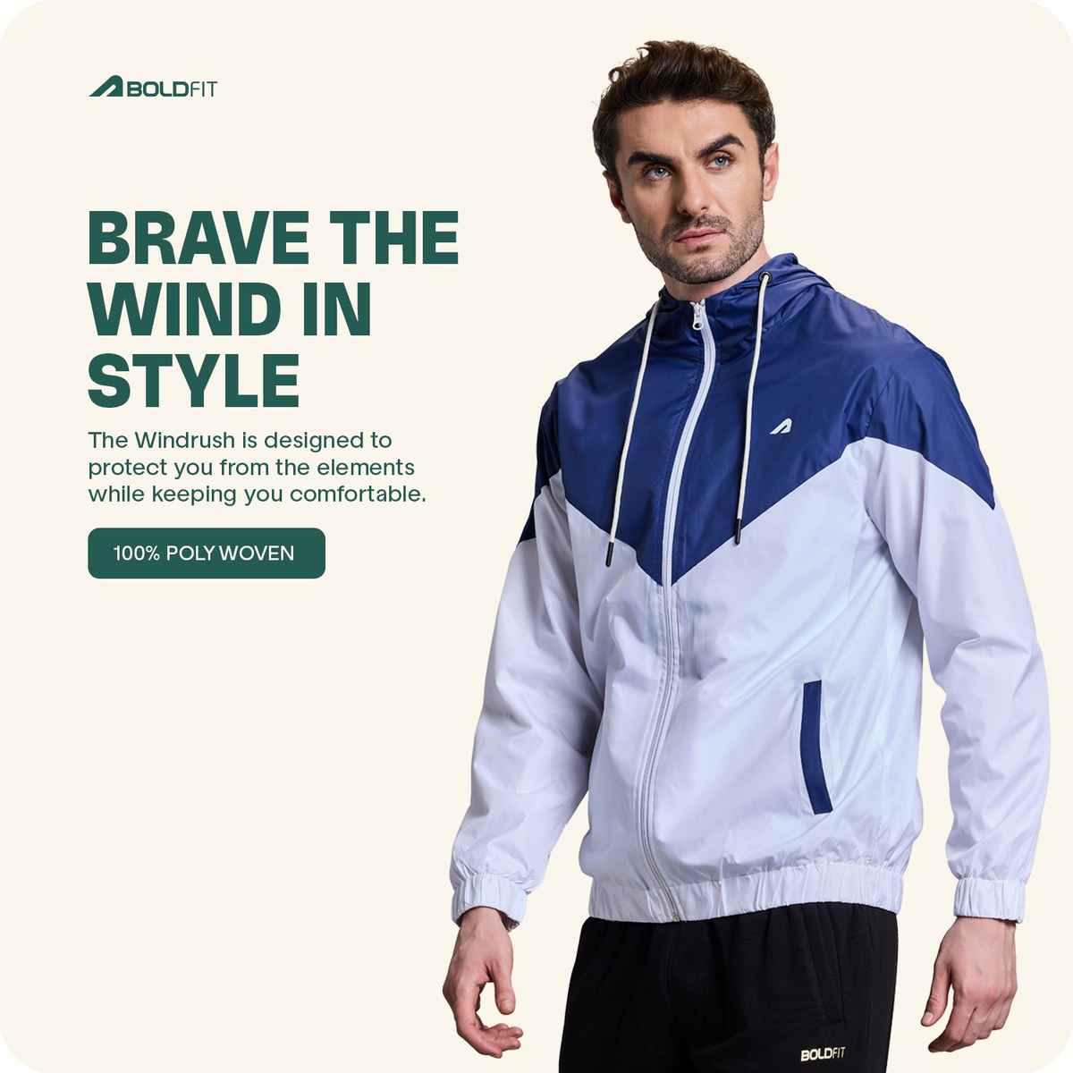 Boldfit Men's Windcheater Lightweight Polyester Jacket Multipurpose | Blue White - M