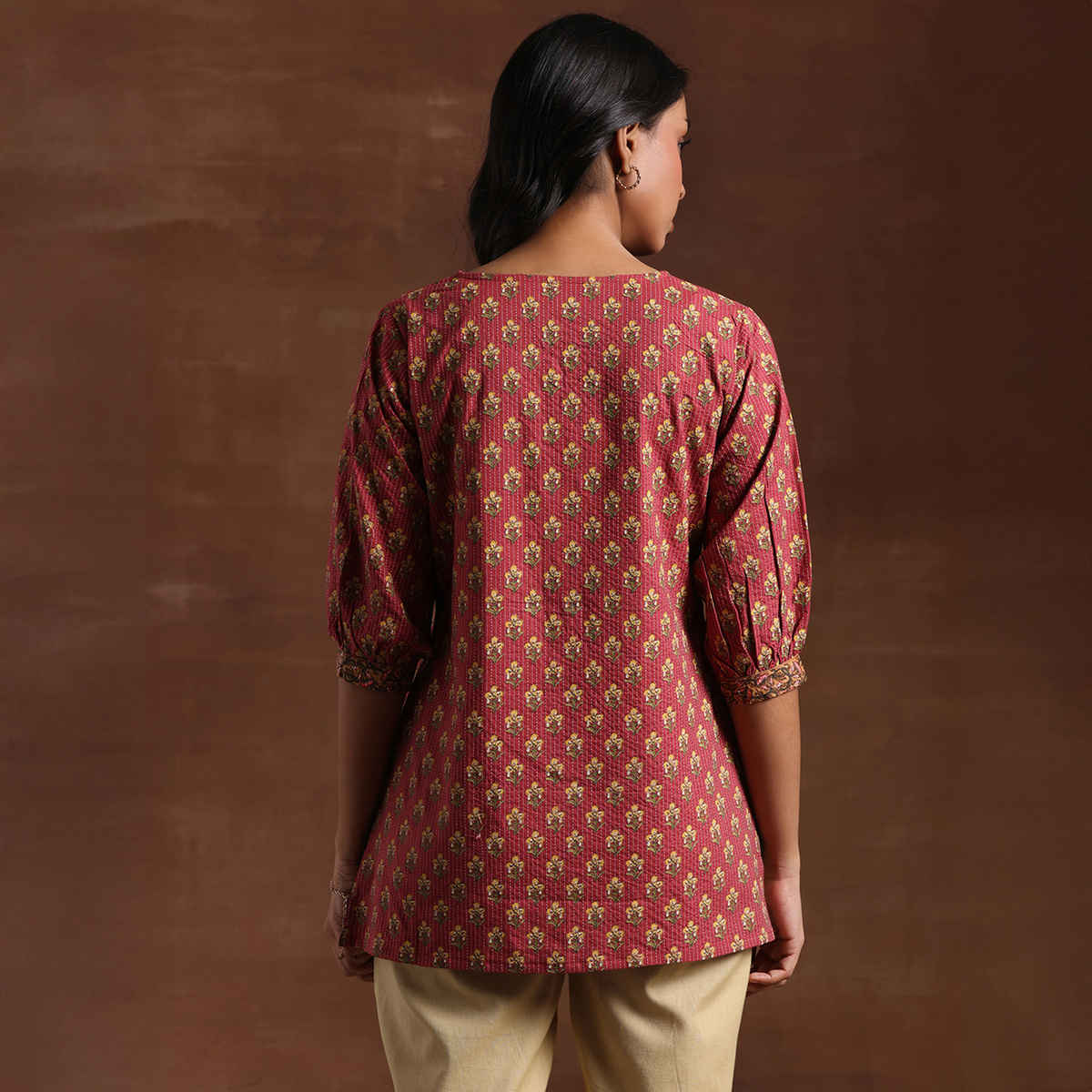 Libas Women's Printed Cotton Straight Kurti | Pink - L