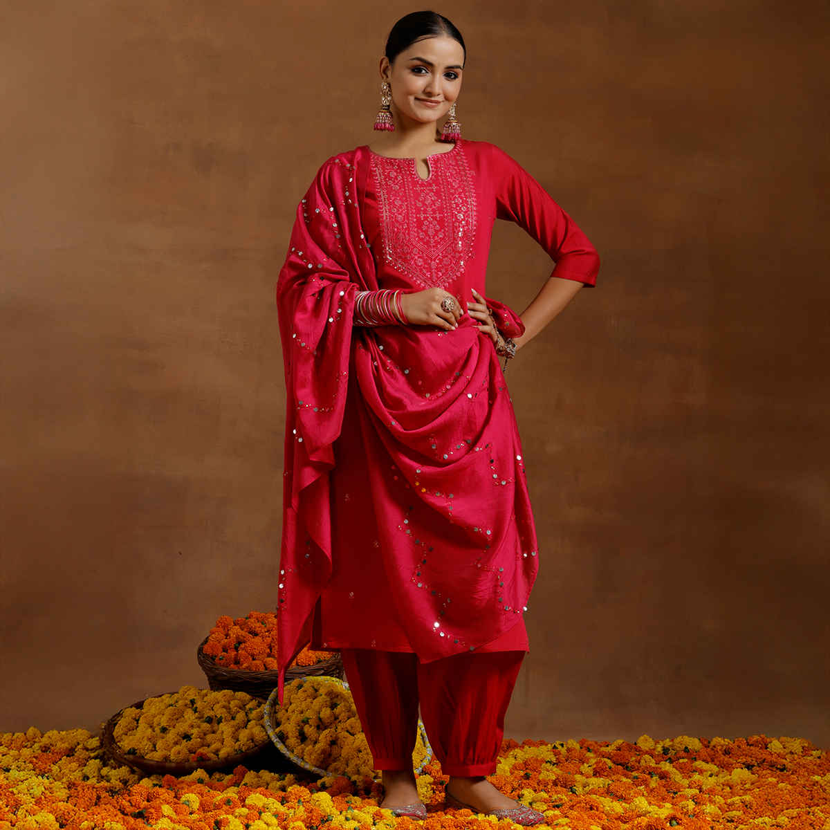 Libas Women's Embroidered Silk Blend Straight Suit with Dupatta | Pink - S