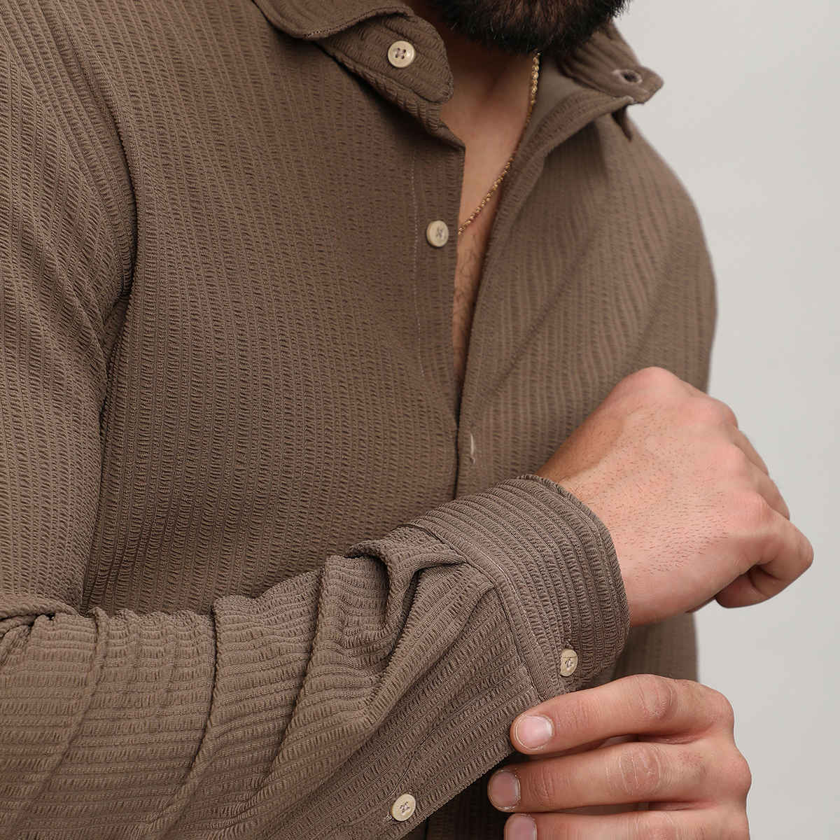 Campus Sutra Men's Polyester Stripe-Creased Shirt | Brown | S