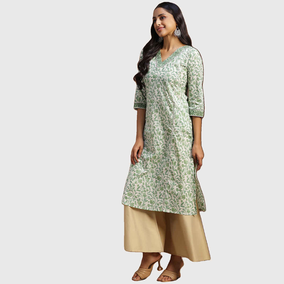 Libas Women's Printed Cotton Straight Kurta | Green - S