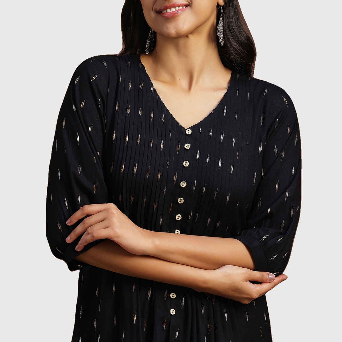 Libas Women's Zari Woven Design A-Line Pleated Kurti with Pintuck Detail | 29133 | Black - XL