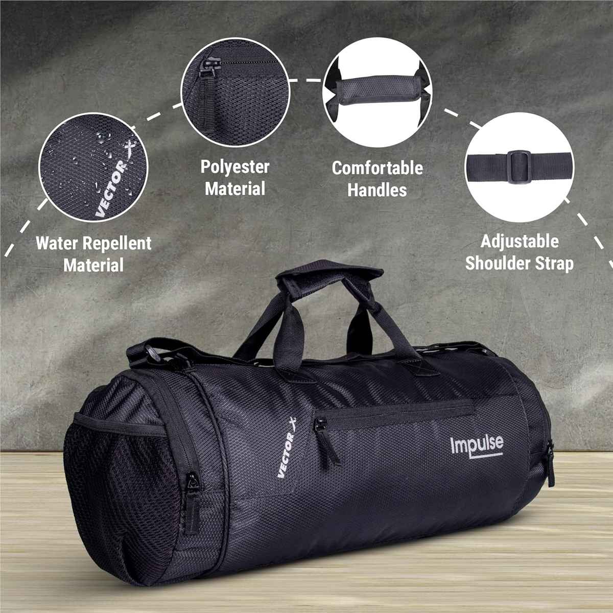 Vector X Unisex Solid Polyester 26 L Gym Duffel Bag | Black