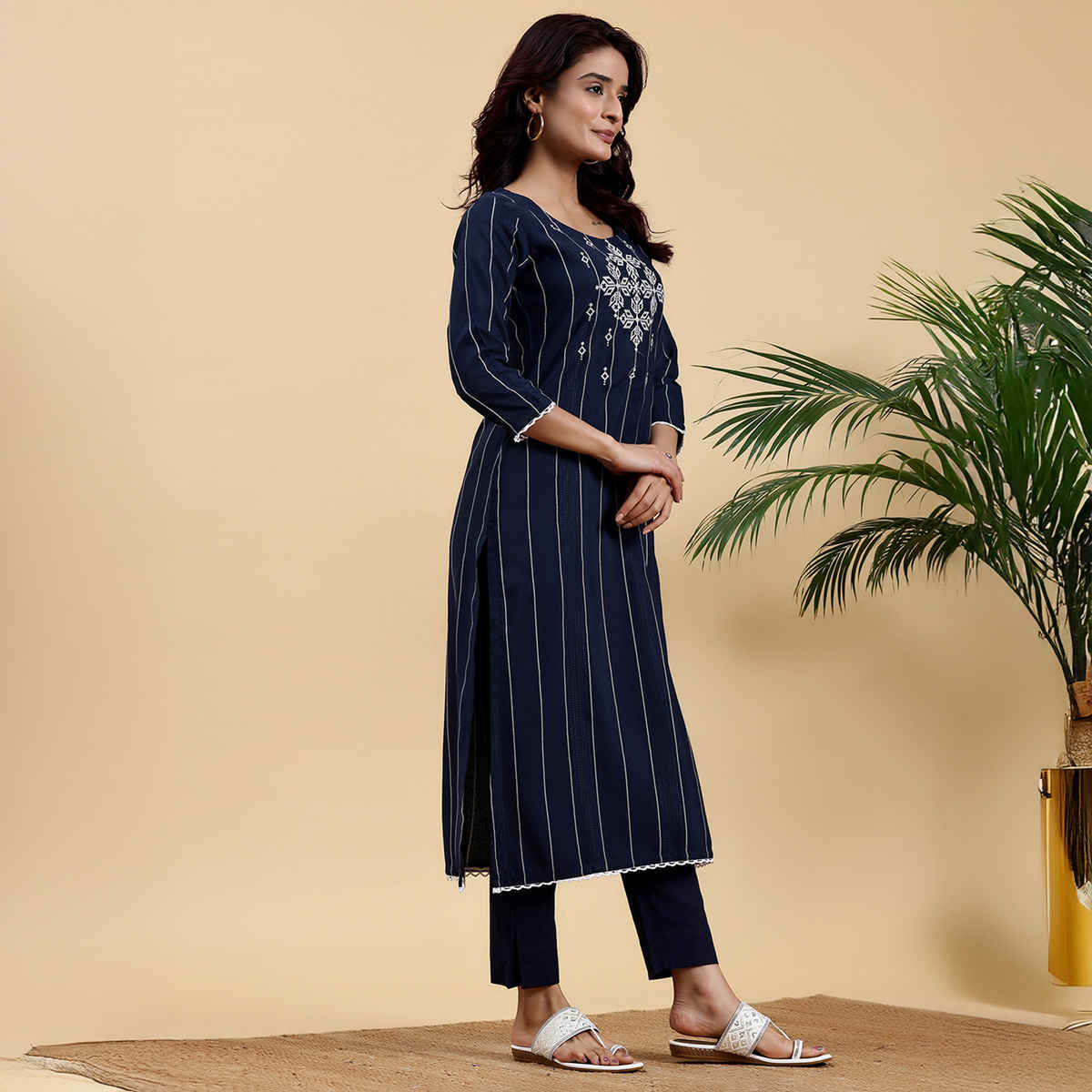 Libas Women's Embroidered Silk Straight Kurta | Blue - XL