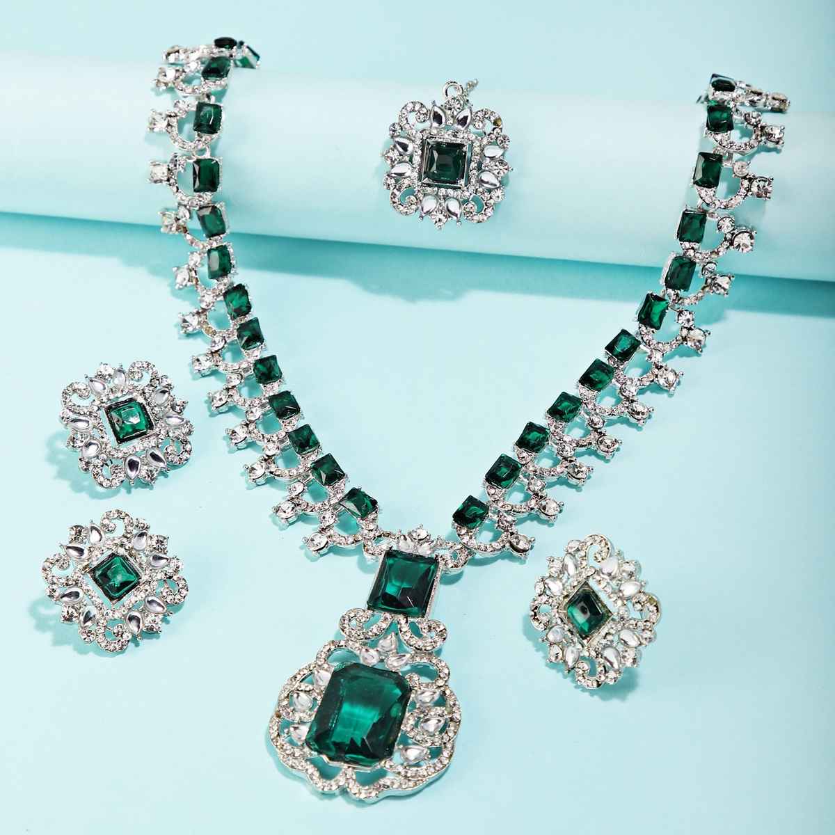 Shining Diva Fashion Nita Ambani Maang Tikka Ring Earrings Jewellery Set for Women and Girls 16072s