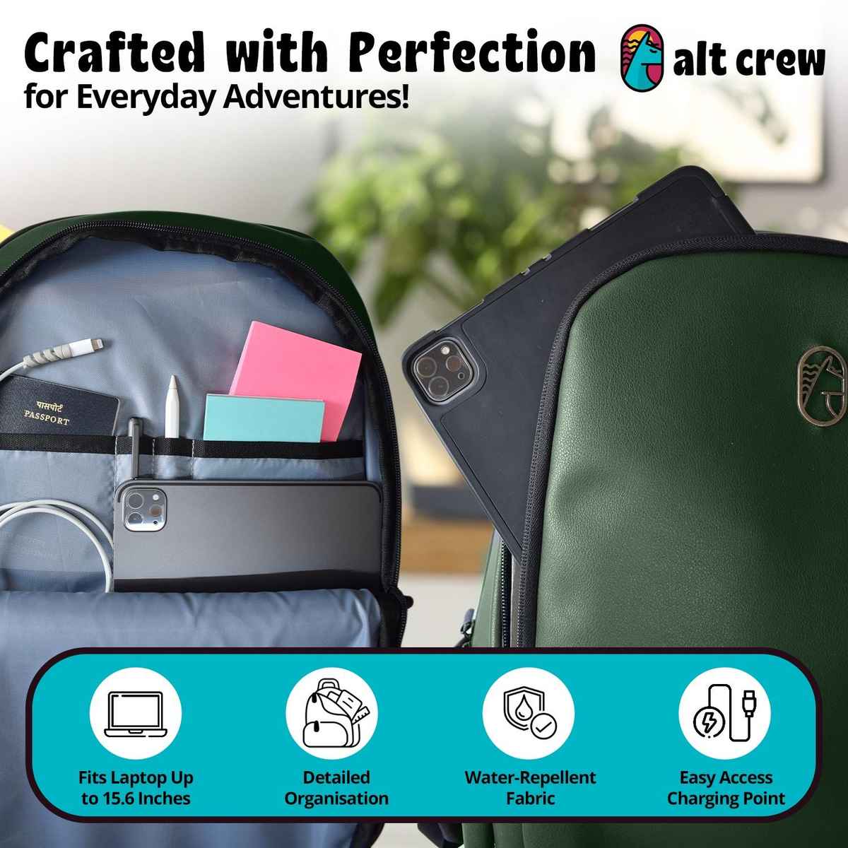 Alt Crew Unisex Synthetic Leather 28 L Laptop Bag with Cushioned Back Support | Olive Green