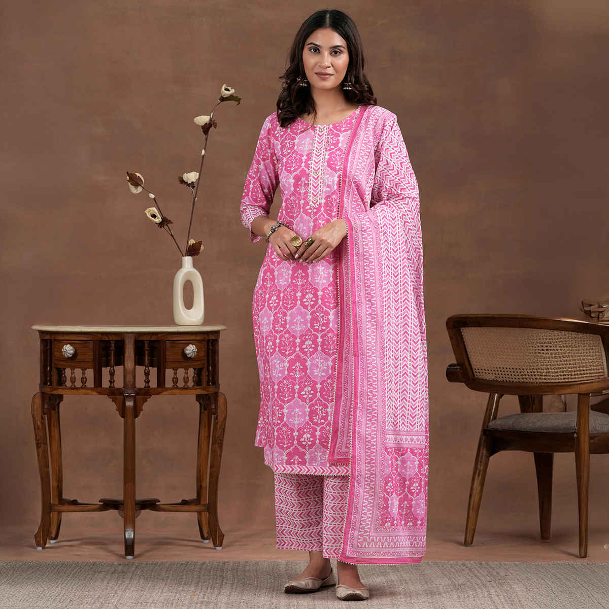 Libas Printed Cotton Straight Suit With Dupatta | 27833H | Pink - M
