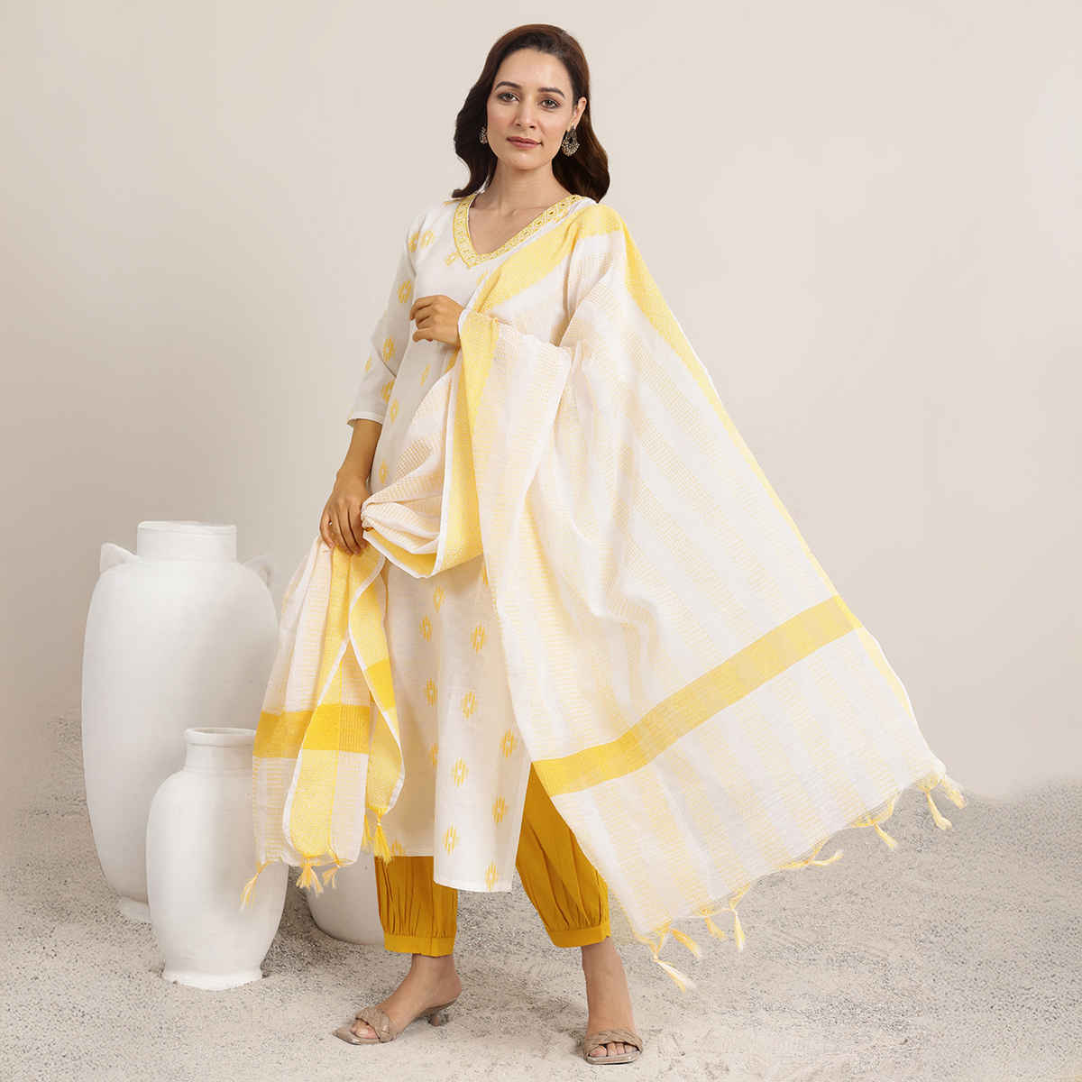 Libas Women's Woven Design Cotton Blend Straight Suit Set with Dupatta | Off white - L