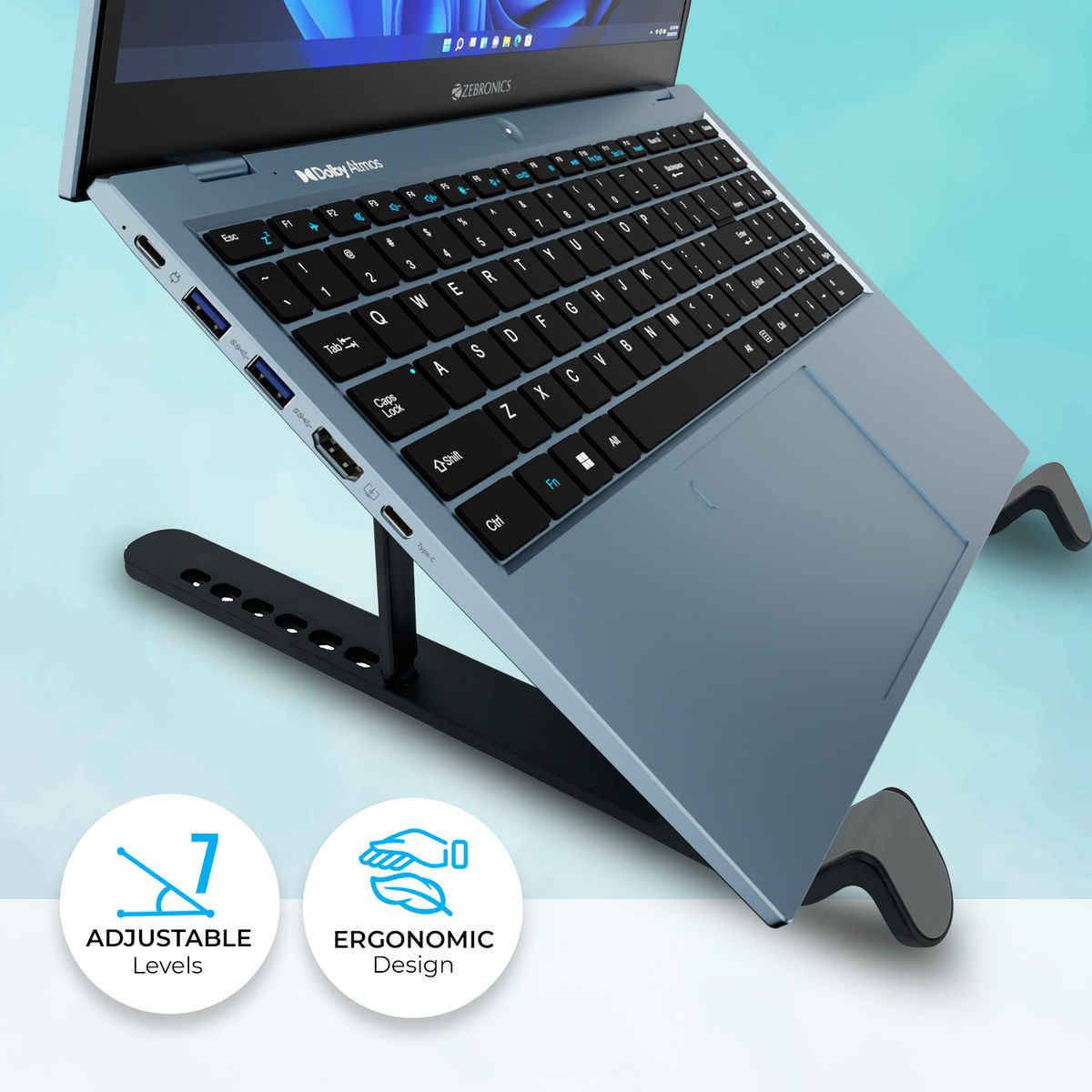 Zebronics NS1500 Laptop Stand Featuring Foldable Design, Anti-Slip Silicone Rubber Pads, Supports Maximum of 5kgs Weight Tabletop - Black