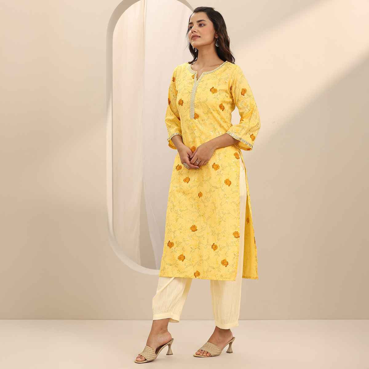 Libas Women's Printed Cotton Blend Straight Suit Set with Dupatta | Yellow - L