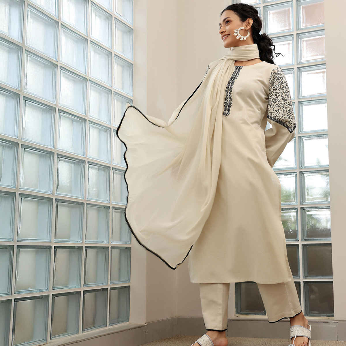 Libas Solid Cotton Blend Straight Suit With Dupatta | 27640H | Beige - M