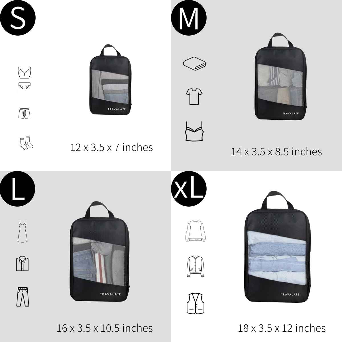 TRAVALATE Polyester 4 Various Sizes Travel Luggage Packing Cubes | Black