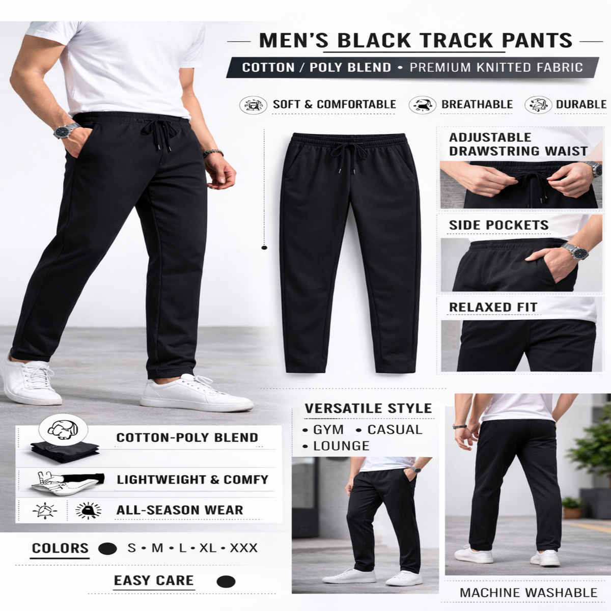 GCYX Men's Track Pant | 60% Cotton 40% Polyester Comfortable Wear | Black - M