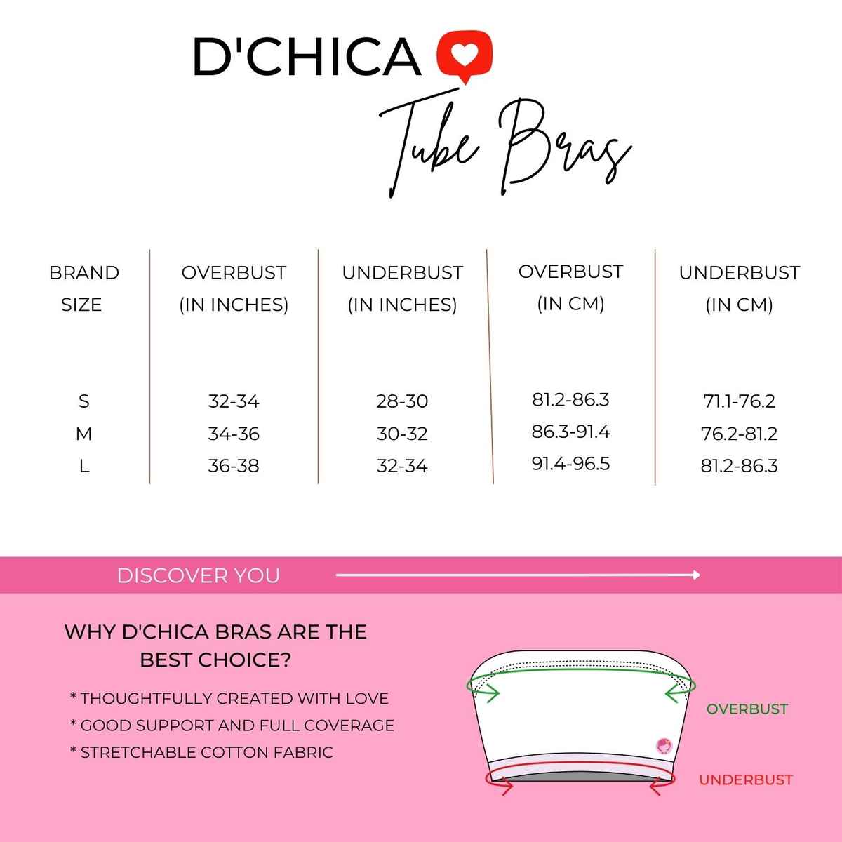 D'chica Women's Cotton Strapless Tube Bra | Double-Layer, Non Padded Bandeau | Black - M