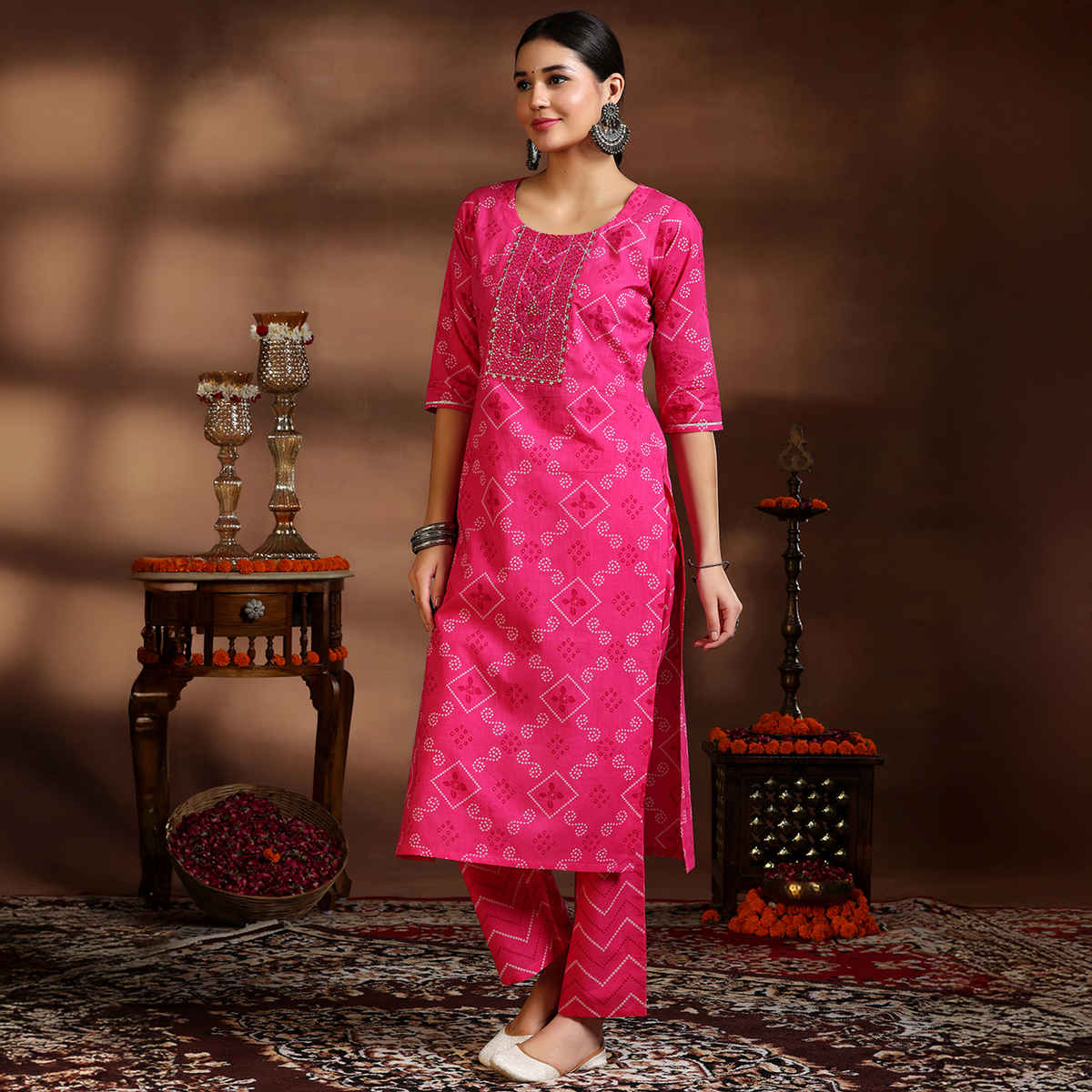 Libas Printed Cotton Straight Suit With Dupatta | 39086H | Pink - M