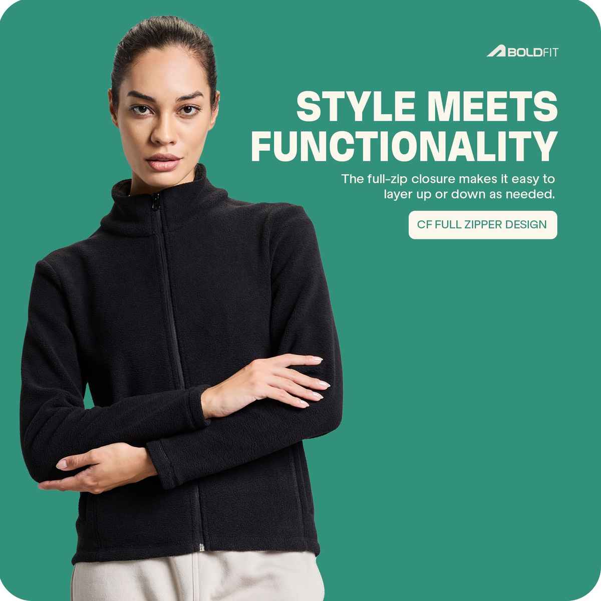 Boldfit Women's Sweatshirt Full Zipper Heavy Fleece Natural Insulation Pullover | Black - S