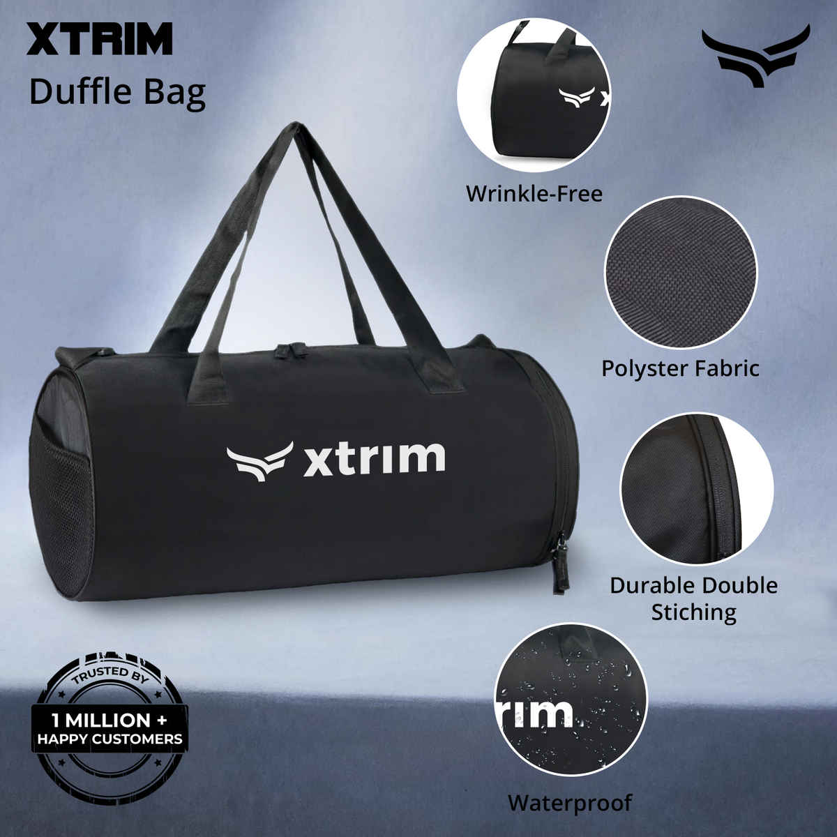 Xtrim Flex Duffle Bag 20L with Shoe Compartment for Men & Women | Gym, Travel & Sports Bag | Black
