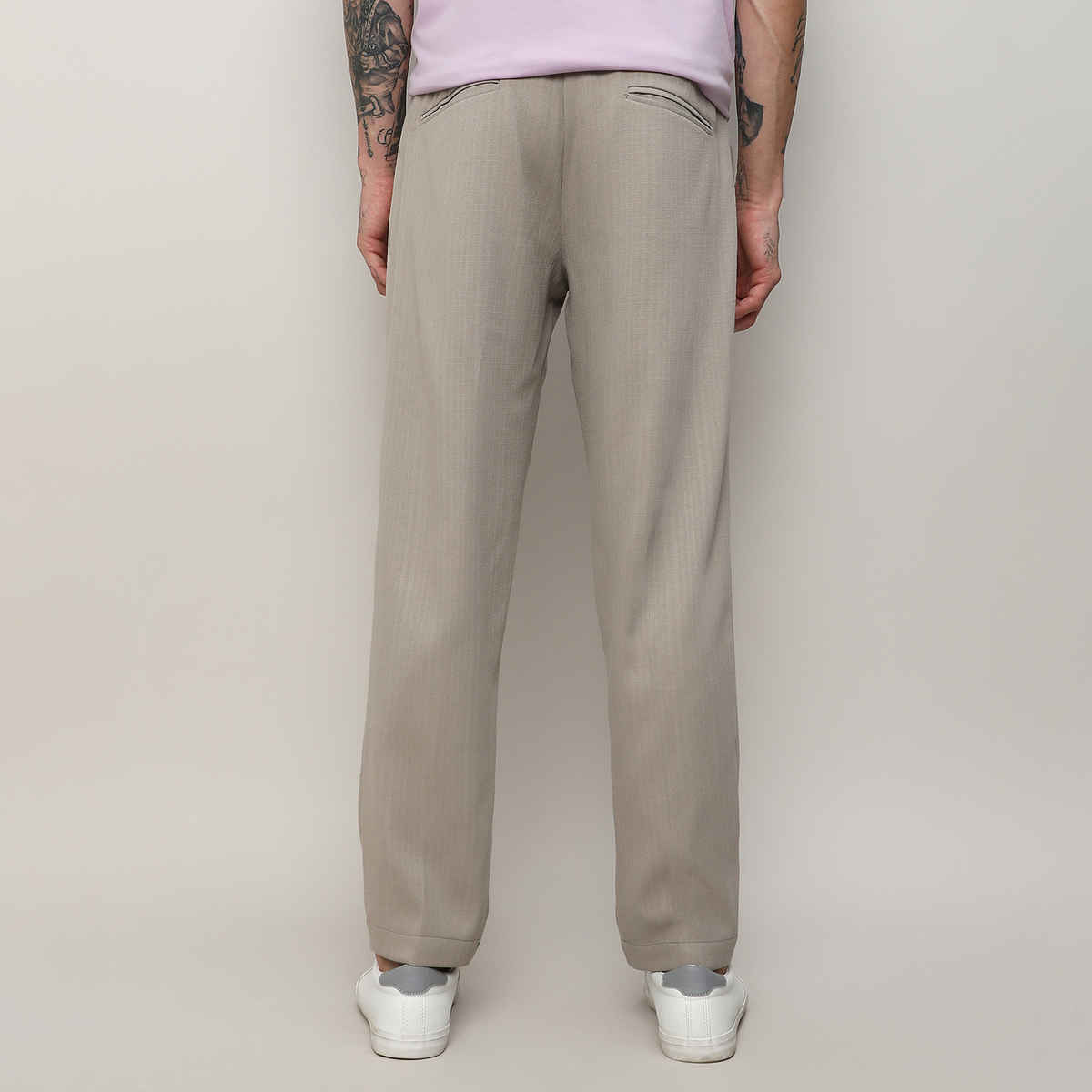 Campus Sutra Men's Tailored Linen-Blend Trousers | Beige - 36