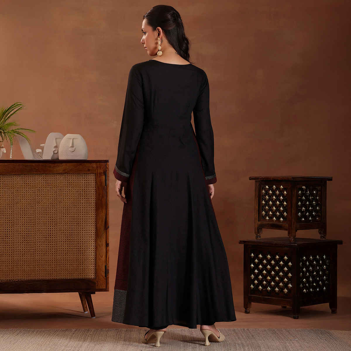 Libas Self Design Pure Viscose Rayon A-Line Kurta With Trousers | 27597H | Black - L