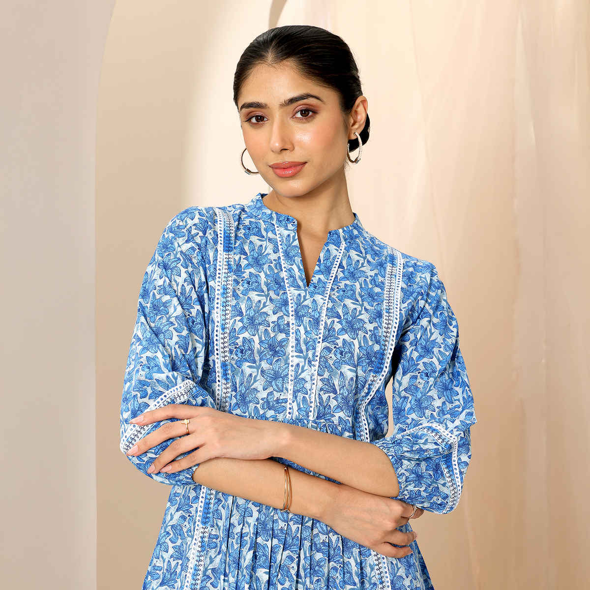 Libas Women's Printed Cotton A-line Short Kurti | Indigo - S