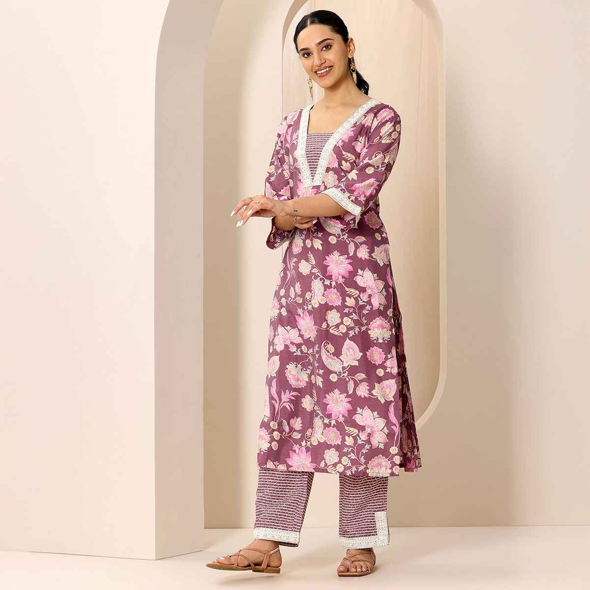 Libas Women's Printed Silk Blend Straight Kurta Set | Mauve - S