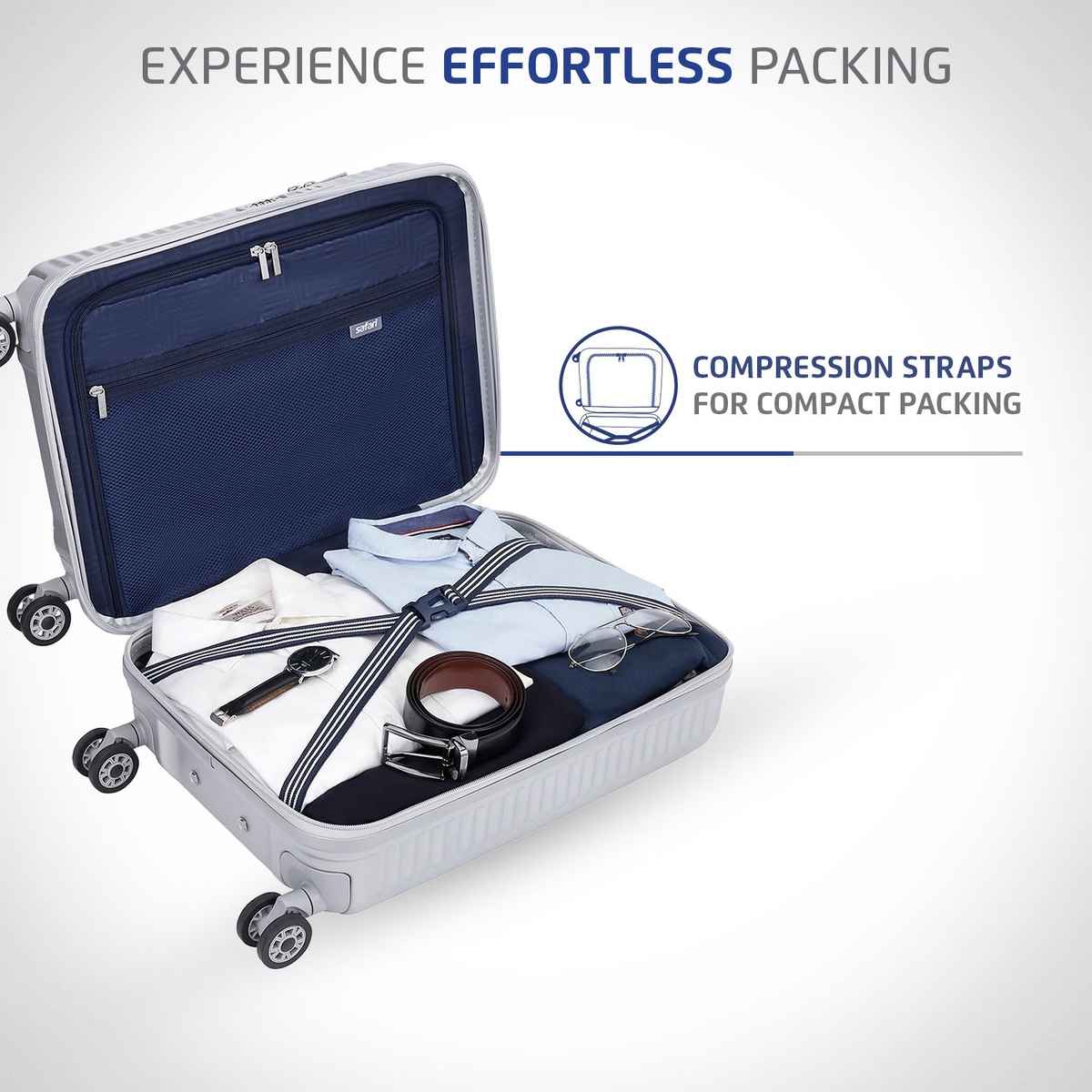 Safari Textured Polycarbonate 100 L Telescopic Hard Luggage | Silver - 55 cm