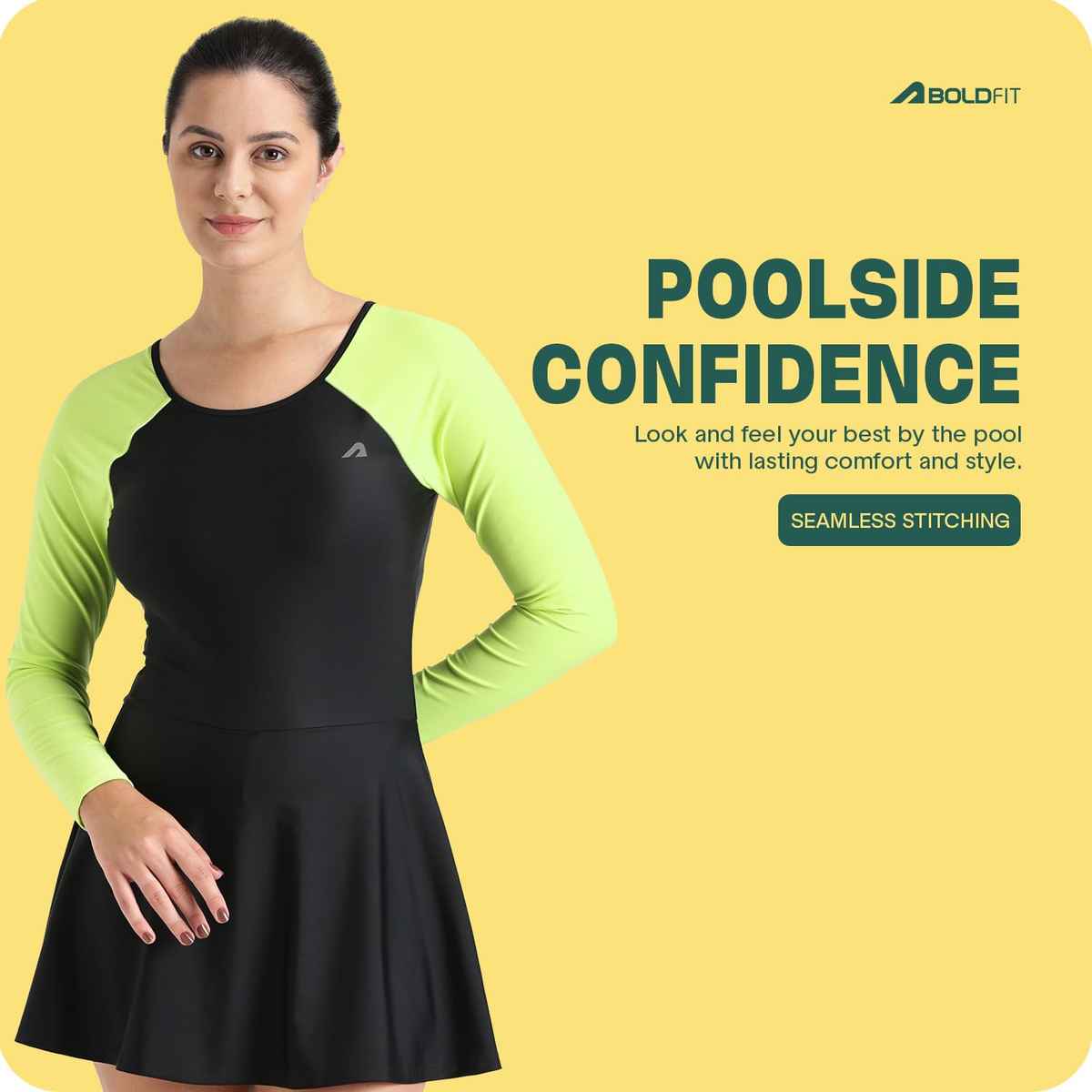Boldfit Swimming Costume For Women One Piece Peplum Swimsuit Skirt Style Blackgreen - M