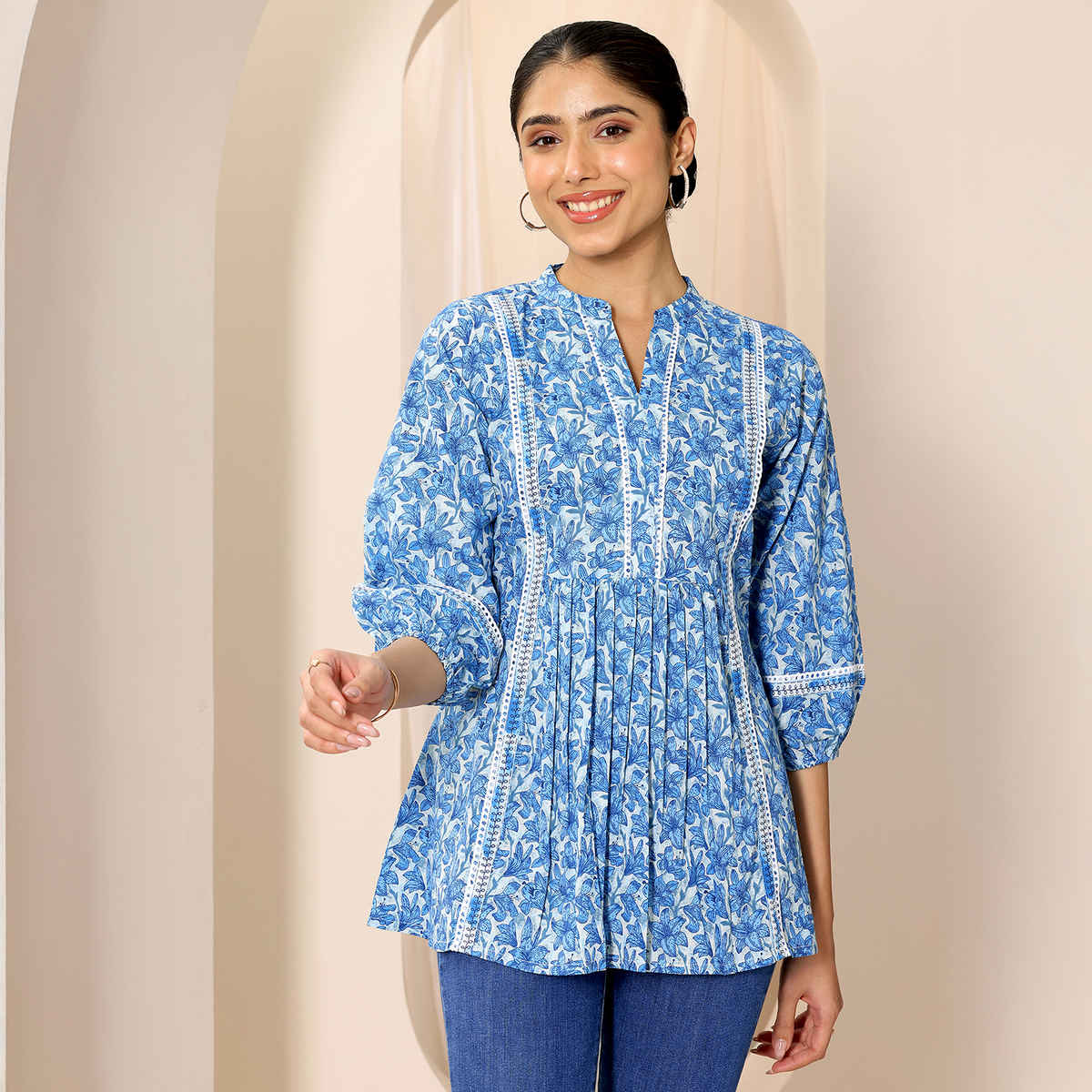 Libas Women's Printed Cotton A-line Short Kurti | Indigo - S