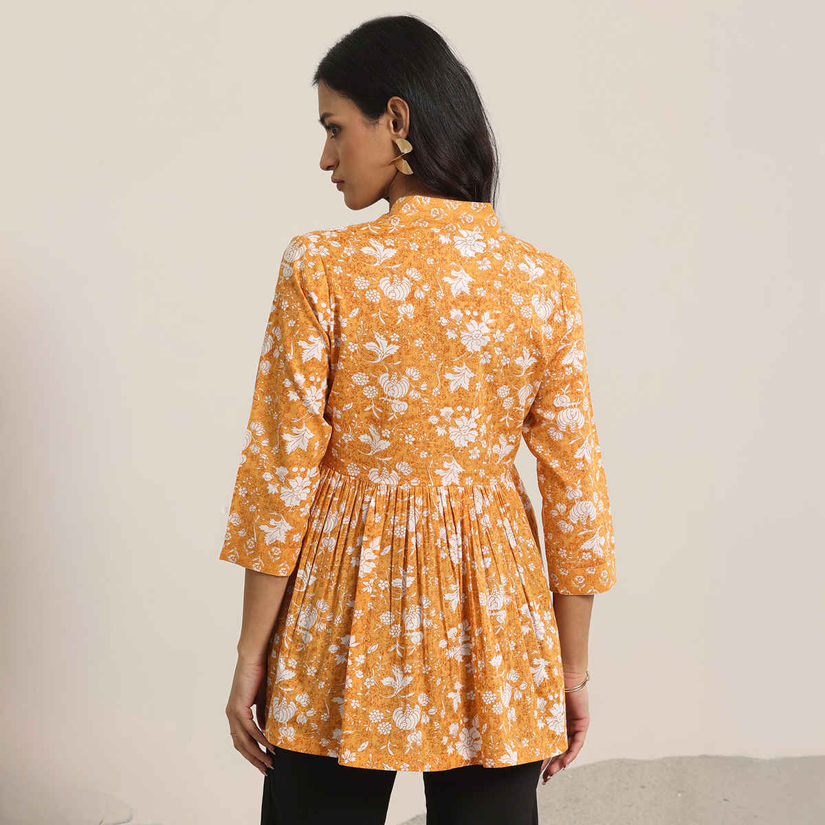 Libas Women's Printed Cotton Anarkali Top | Mustard - L