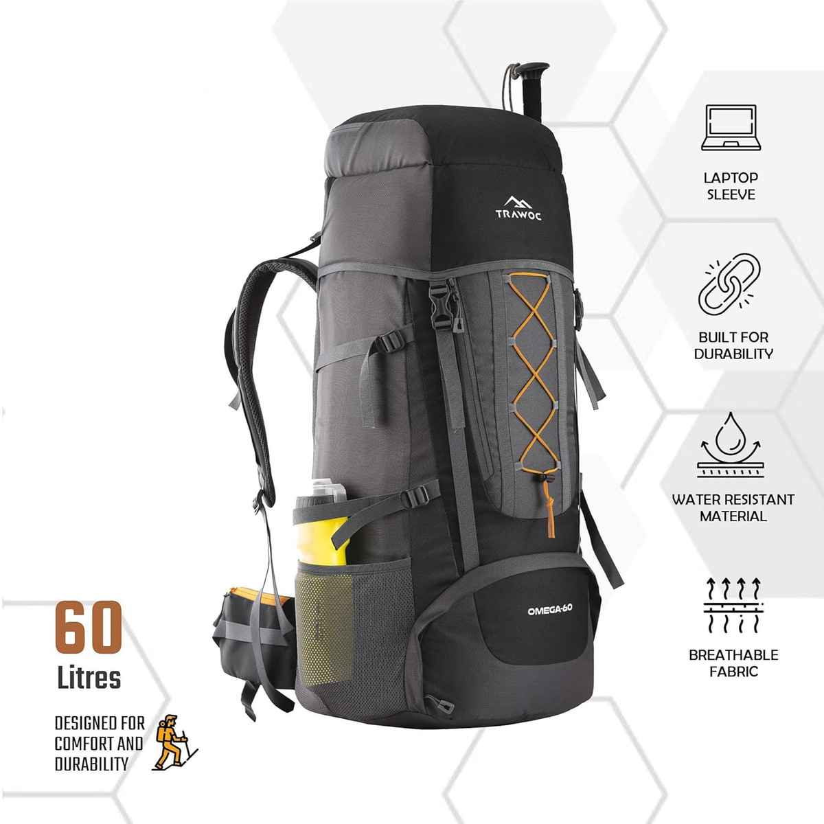 Trawoc Unisex Polyester 60 L Rucksack | Black