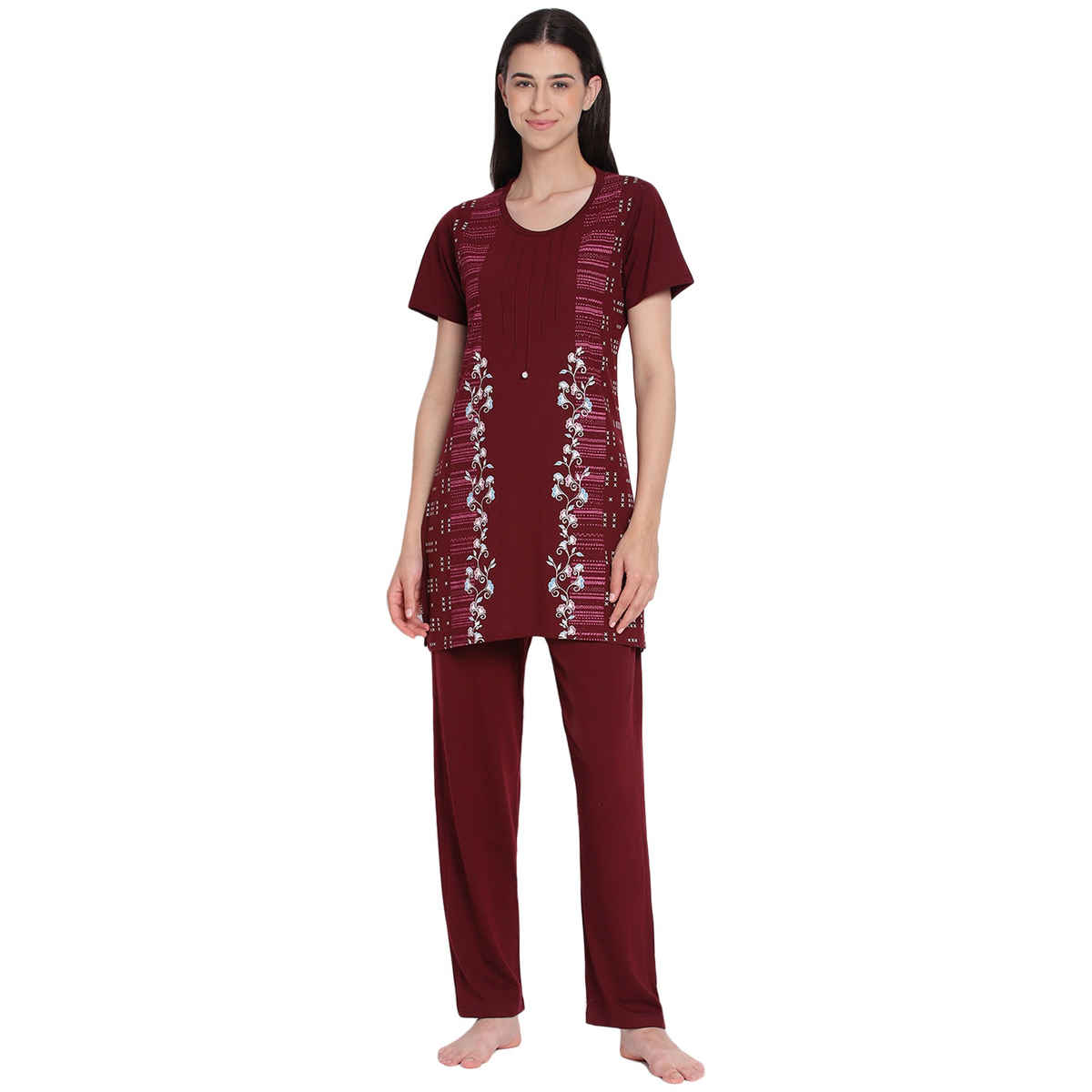 Duchess Women s Cotton Regular Fit Printed & Embroided Long Length Night Suit Set | Maroon | 3XL