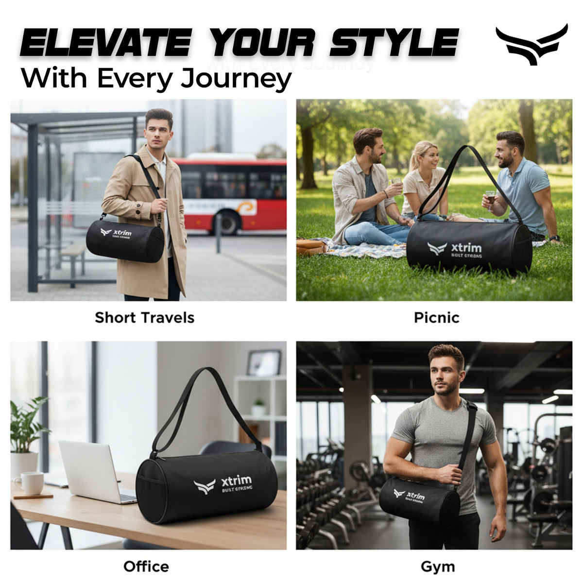 Xtrim Flex Duffle Bag 20L with Shoe Compartment for Men & Women | Gym, Travel & Sports Bag | Black