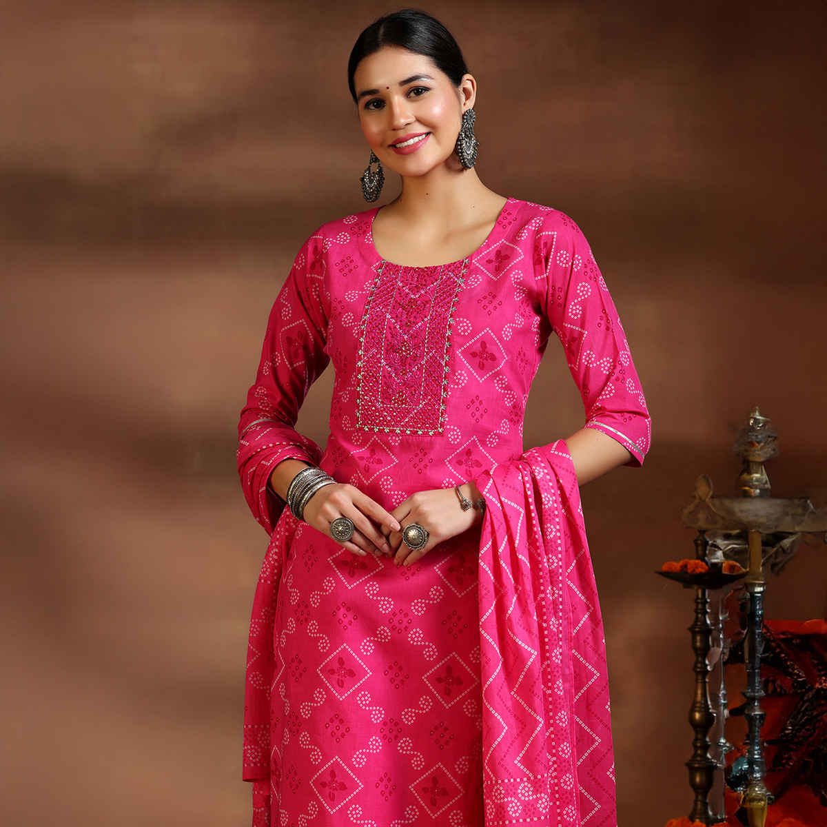 Libas Printed Cotton Straight Suit With Dupatta | 39086H | Pink - M