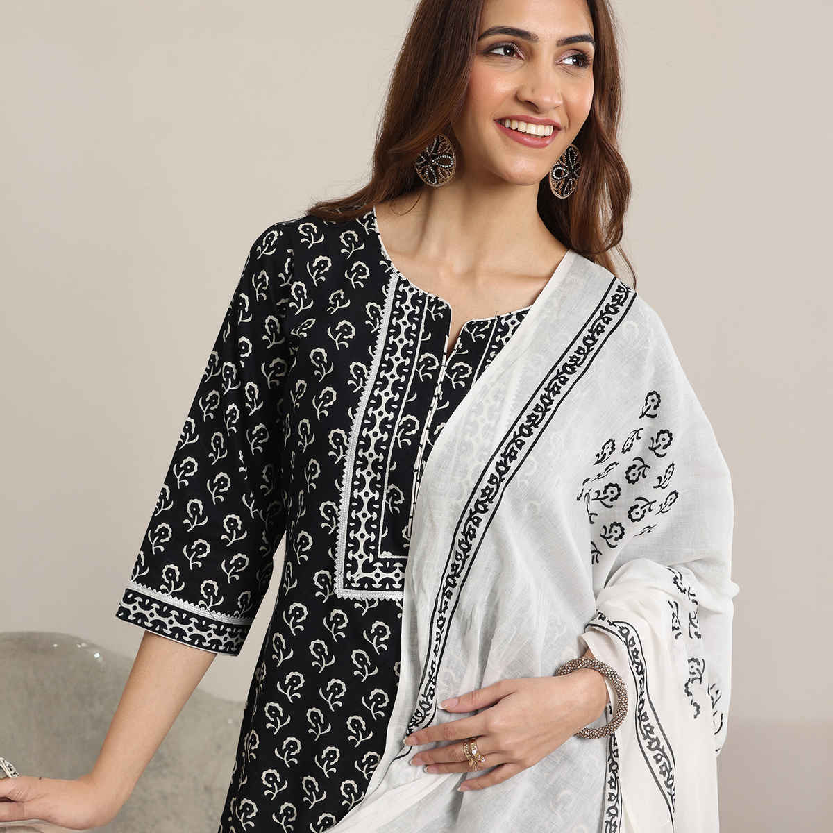 Libas Women's Printed Cotton Straight Suit Set with Dupatta | Black - M