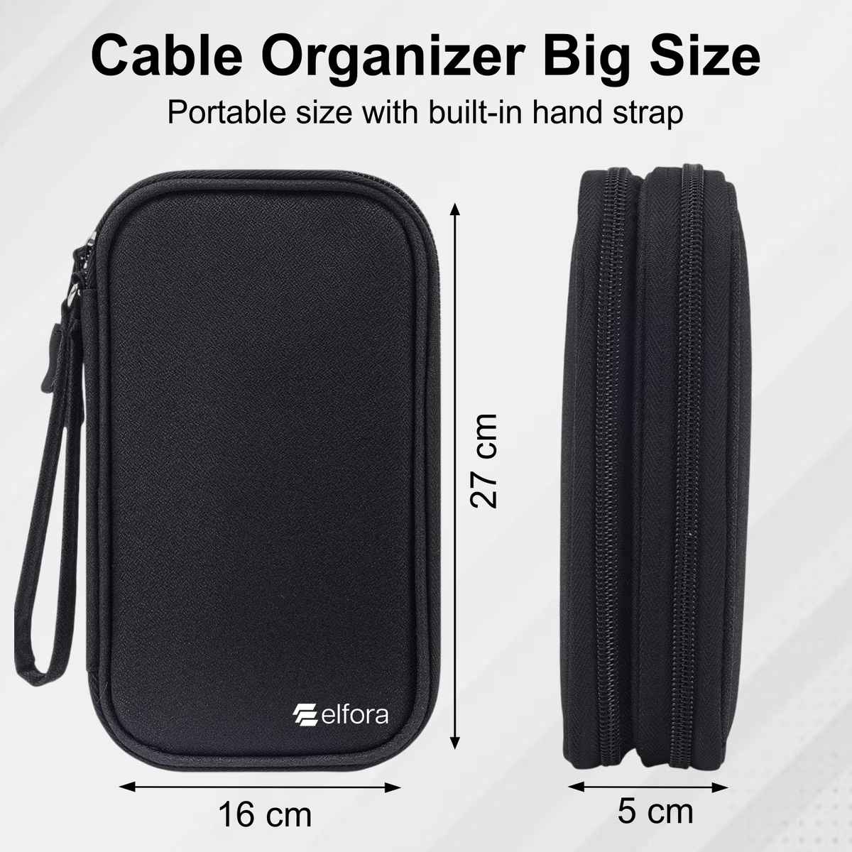 Elfora Big Cable Organizer Bag Double Layer Travel Storage | Black - 27 x 16 cm