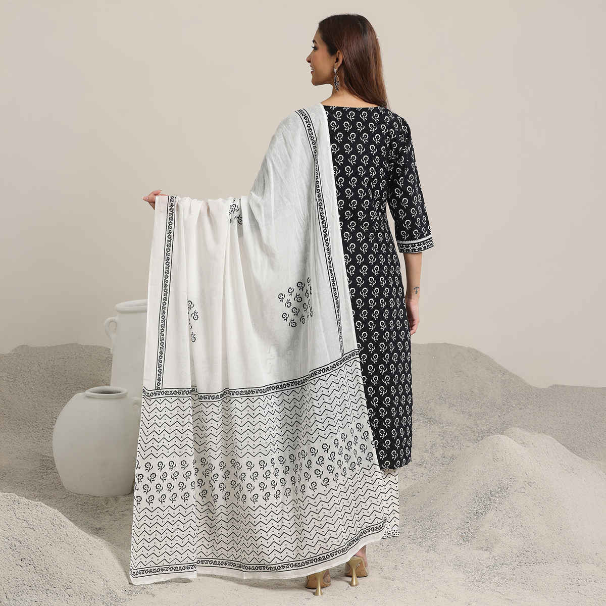 Libas Women's Printed Cotton Straight Suit Set with Dupatta | Black - M