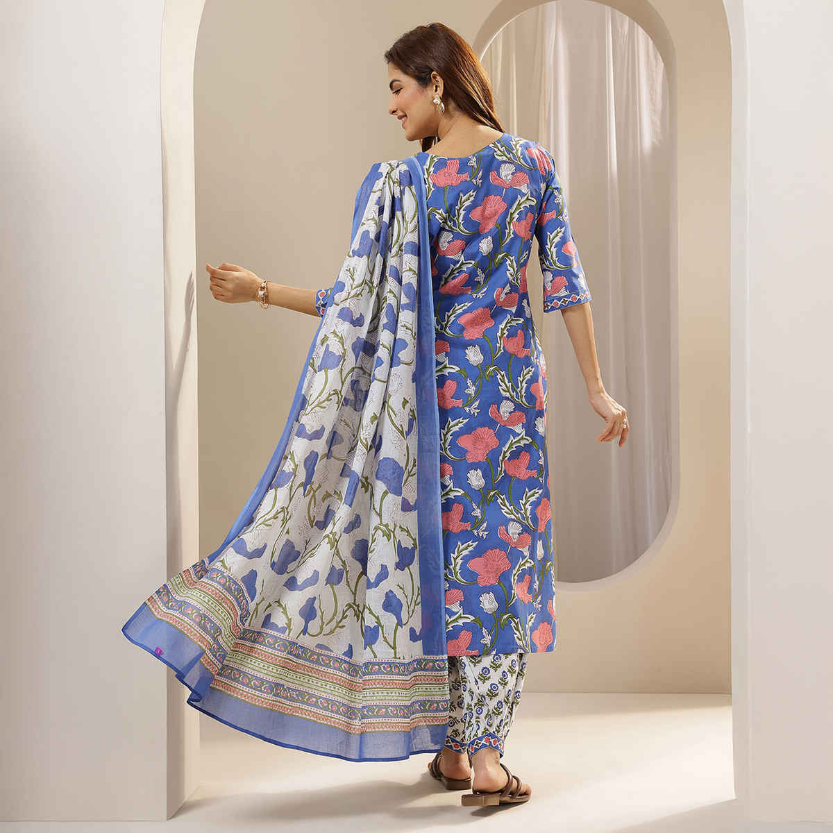 Libas Women's Printed Cotton Straight Suit Sets with Dupatta | Blue - XL