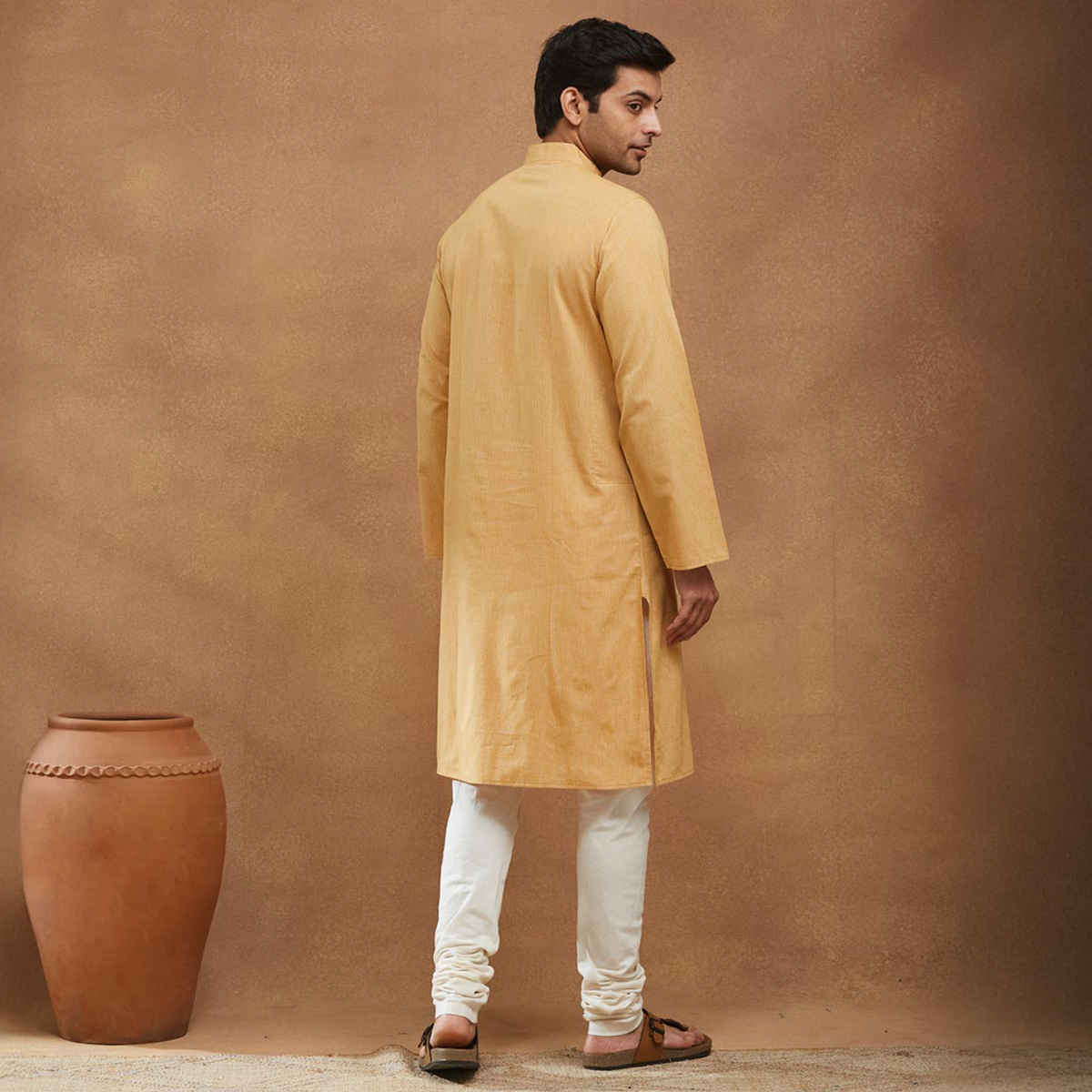 Fabindia Men's Cotton Slim Fit Long Kurta | Mustard - M