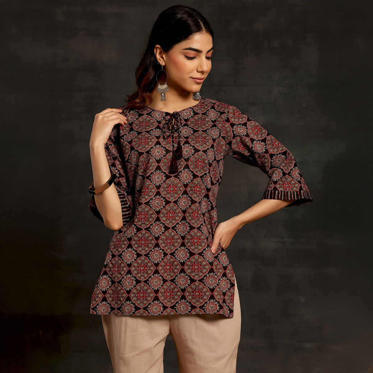 Libas Women's Printed Cotton Straight Kurti | Black - S