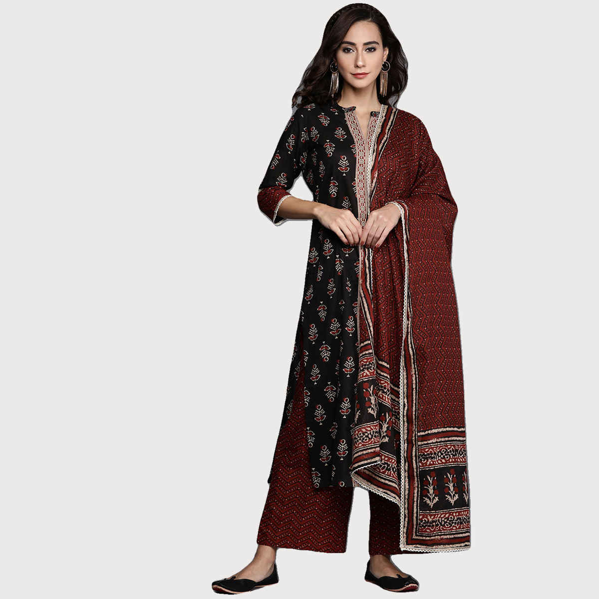 Libas Women Black Cotton Straight Kurta And Brown Cotton Palazzo With Dupatta - 20119Ol