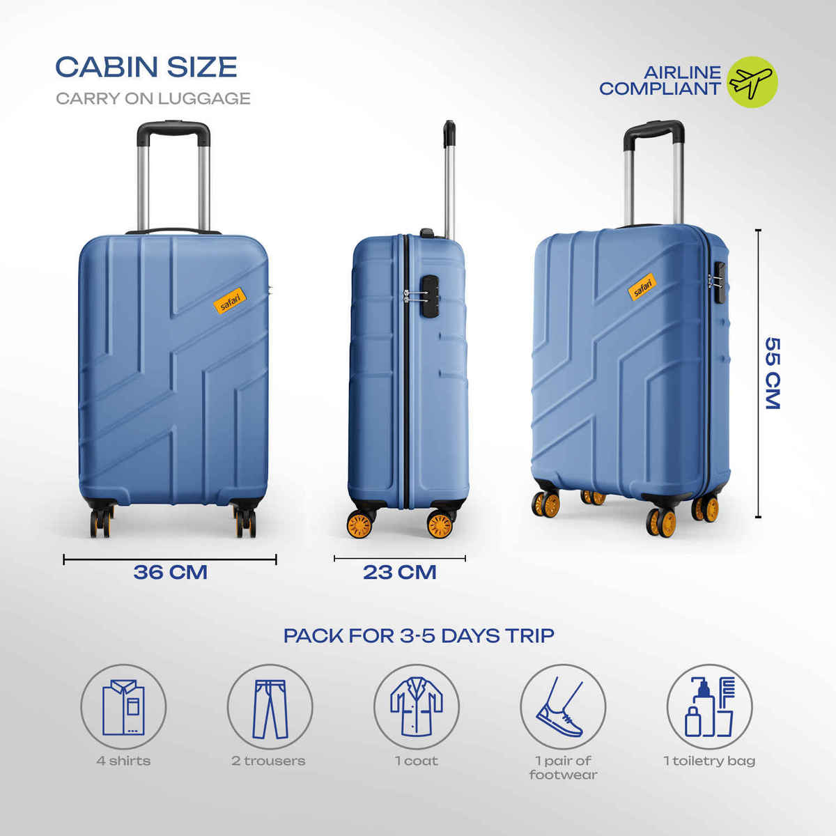 Safari Stratos Cabin Trolley Bag | 360 Degree 8 Wheels Hard Polycarbonate | Steel Blue - 55 cm