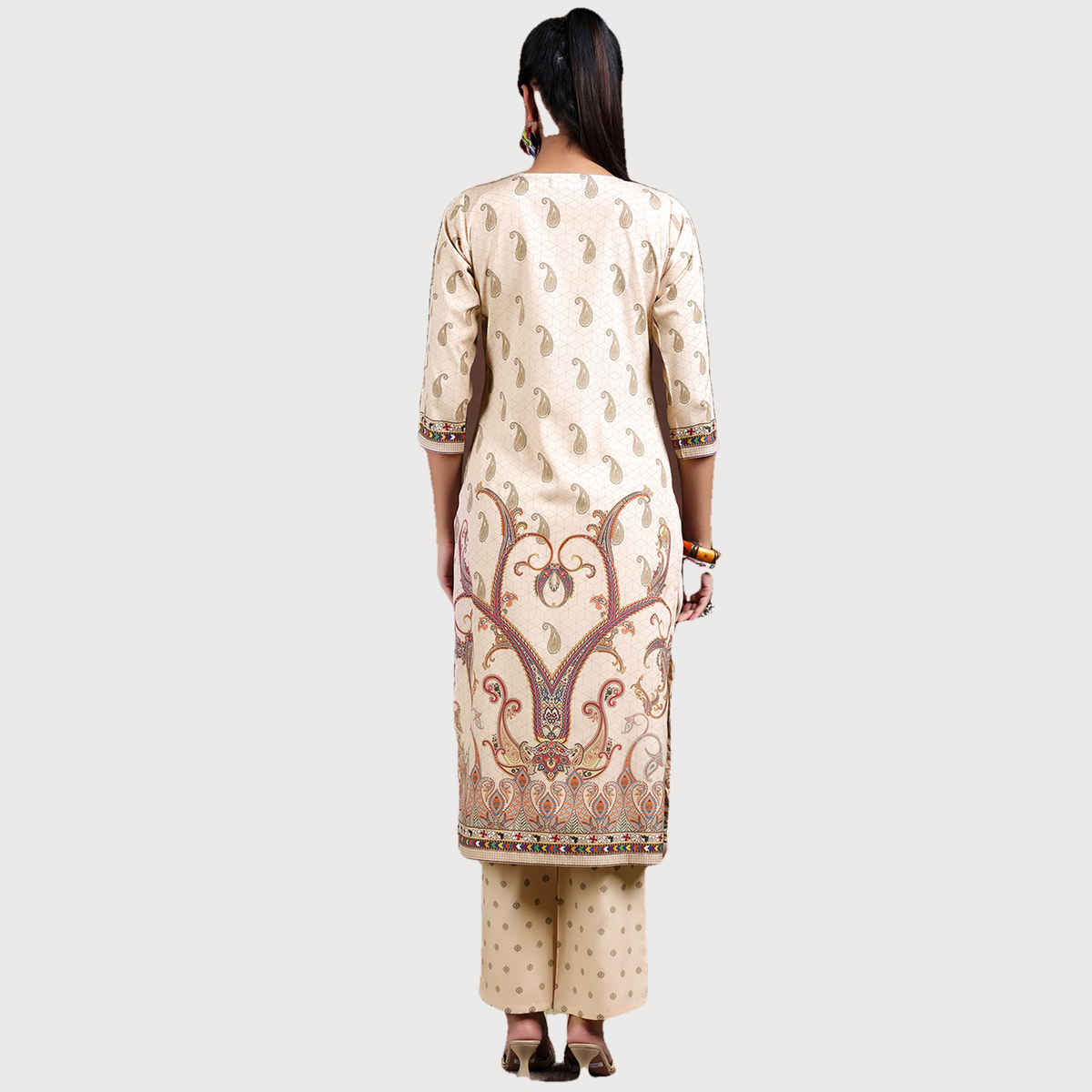 Libas Women's Printed Poly Crepe Straight Kurta Set | Beige - S