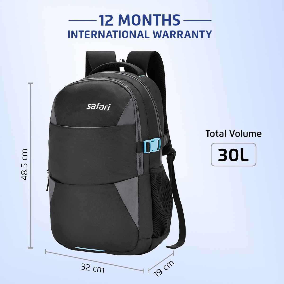 Safari Punch Plus 30L Laptop Backpack | 2 Compartments | Rain Cover | Bottle Holder | Color - Black