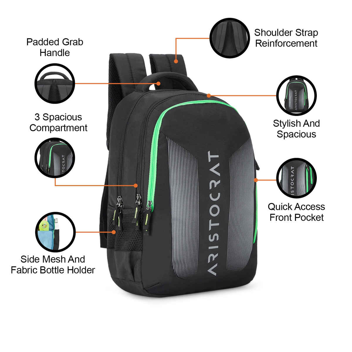 Aristocrat Unisex Logo Nylon 30 L Padded Grab Handle Backpack | Black