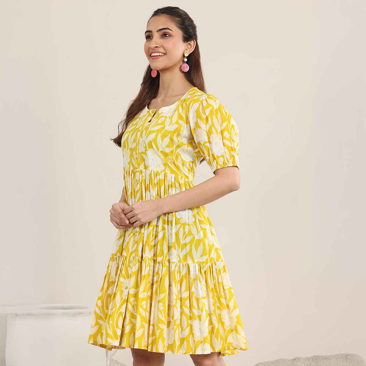 Buy Libas Women's Printed Cotton Fit and Flare One Piece Dress | Yellow ...